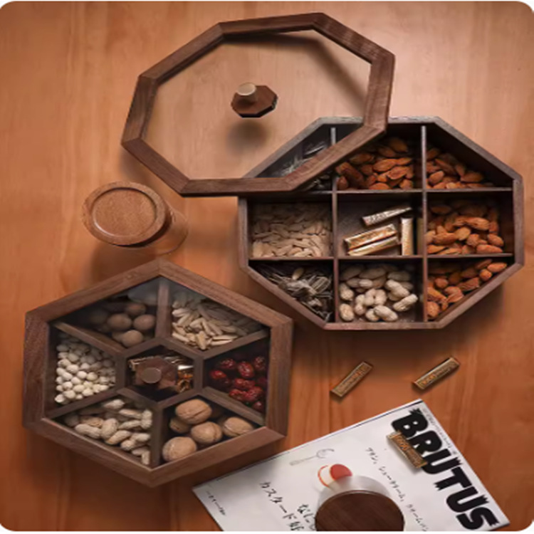 Nogal negro madera maciza octogonal Placa de fruta seca Sala hogar simple caja china compartimiento a prueba de humedad hogar sala de estar comedor caja de frutas