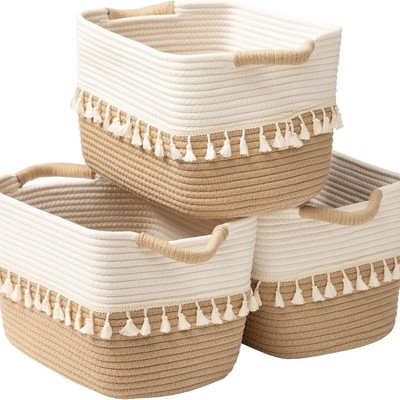 定制跨境棉绳收纳流苏棉绳收纳筐手工编织简约脏衣收纳篮桌面零售