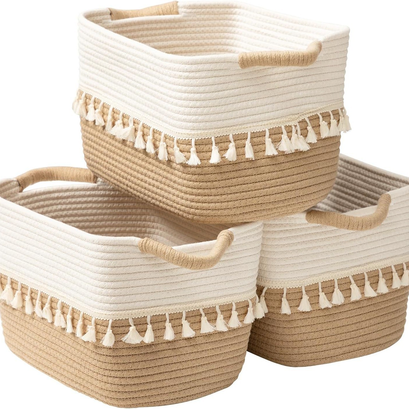 定制跨境棉绳收纳流苏棉绳收纳筐手工编织简约脏衣收纳篮桌面零售