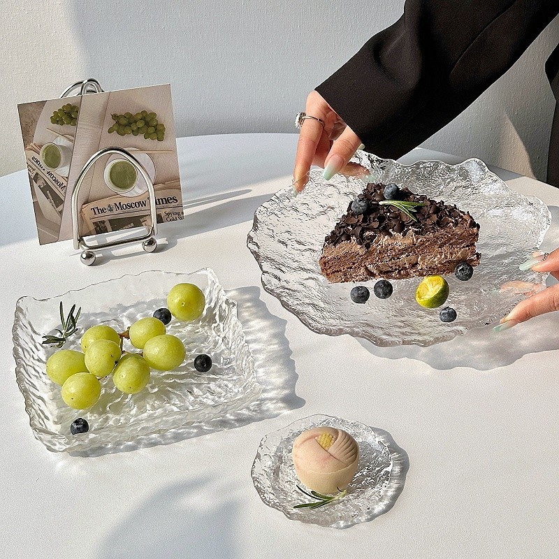 Plato de vidrio irregular glaciar japonés plato de refrigerio casero plato de frutas bandeja de postre circular cubiertos