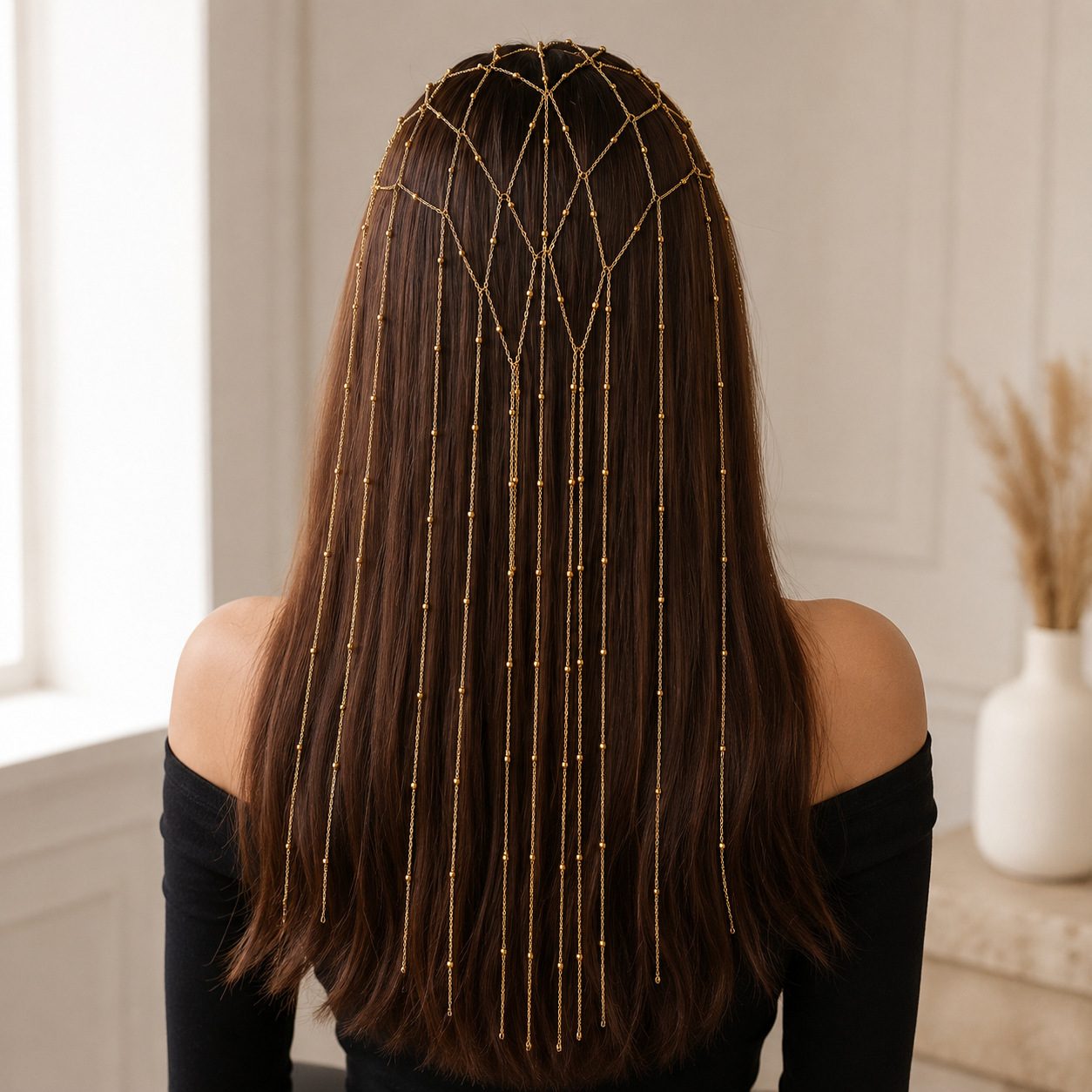Cross-border popular mesh bead chain tassel headband, European and American bohemian style round bead fine chain tassel hair accessory