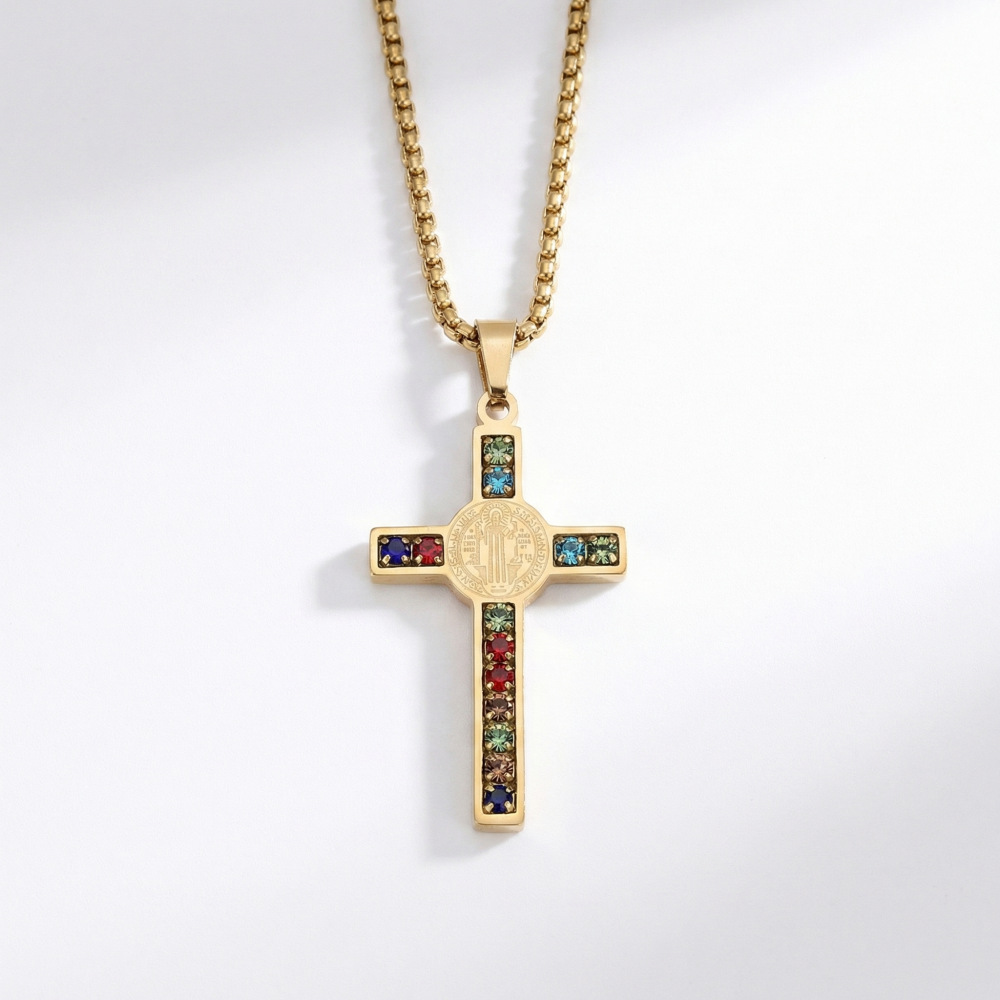 European and American Cross-Border Best-Selling Stainless Steel Classic Cross Necklace for Women with Micro-Inlaid Rainbow Stones, Personalized Small Pendant Wholesale