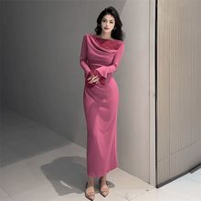 大码法式设计荡领蕾丝拼接性感长袖连衣裙秋季新款收腰显瘦长裙