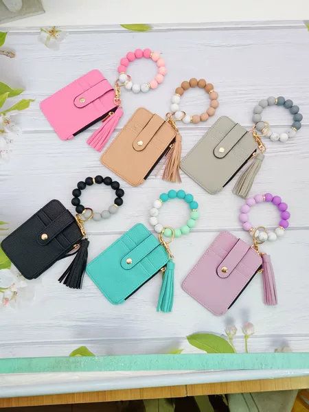 Cross-Border Fashion Silicone Bracelet Folding Card Holder European and American Id Bag Zipper Coin Purse Solid Color Leather Keychain