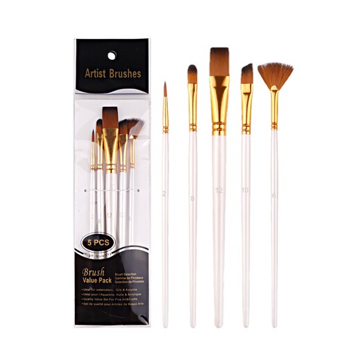 Cross-border multi-color wooden brushes, art brushes set of 5, two-color nylon hair watercolor brushes, gouache brushes