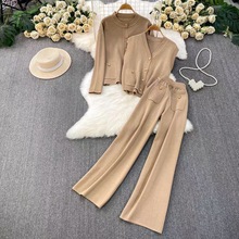 时尚秋简约风袖子花朵气质针织套装女高个子毛衣阔腿裤两件套