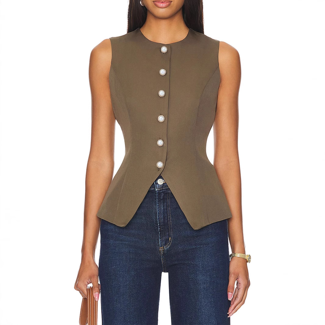 Cross-border 2025 Summer New Women's Clothing European and American-style Round Neck Single-breasted Vest Casual Short Fashionable Sleeveless Vest