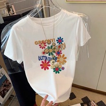 2024新款正肩纯棉短袖t恤女ins休闲时尚百搭减龄洋气圆领上衣夏季