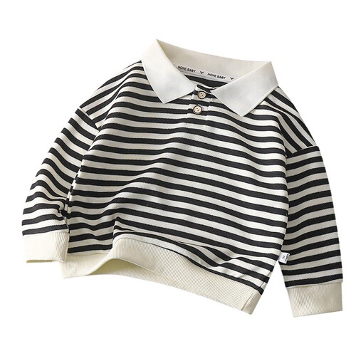 Children's long-sleeved polo shirt, new autumn style, unisex top, medium-sized fashionable striped t-shirt with turn-down collar