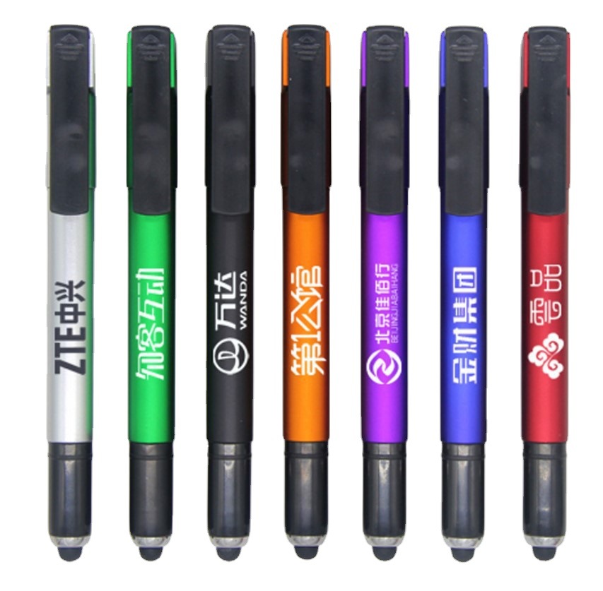 3-en-1 pluma de metal de la lámpara táctil pluma titular del teléfono móvil bolígrafo multifunción láser logo transfronteriza