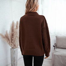 毛毛雨纯色绞花套头开襟领欧美毛衣女秋冬新款复古宽松长袖针织衫