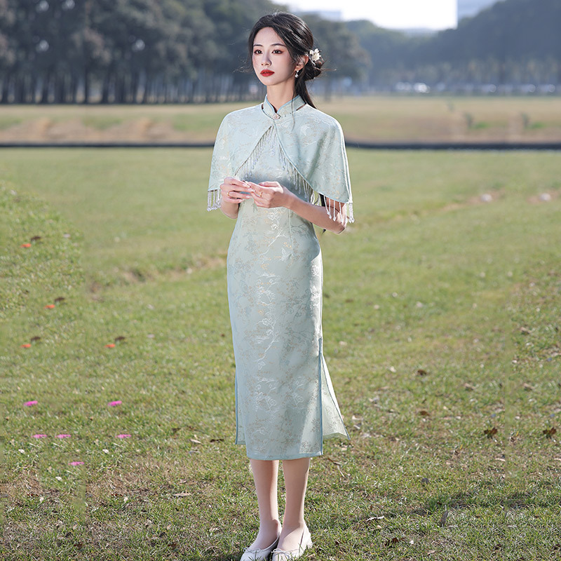 時尚掛脖披肩兩件套新中式改良旗袍2025新款年輕款女復古修身夏季