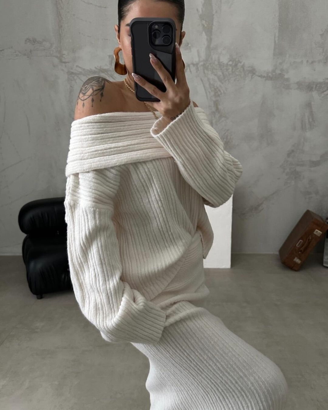 ​Damenmode, schulterfreier Strickpullover, zweiteiliges Set, langärmelig, lockere Passform, einfarbig, lässiges Outfit​_voghion.com