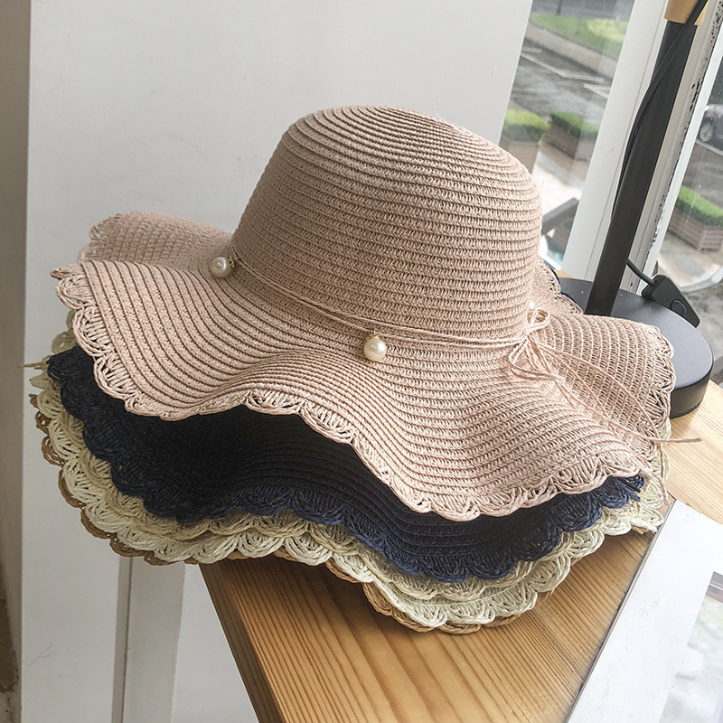 Sombreros de verano pequeñas ondas frescas grandes sombreros de paja coreanos de perlas de protección solar casuales sombreros de playa