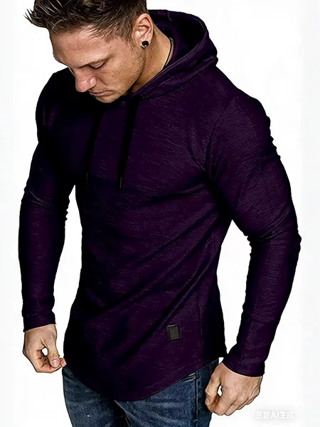 European and American Style Slim-Fit Drawstring Hooded Long-Sleeve Men's Sweatshirt with Curved Hem and Casual Logo Decoration, Sports Pullover