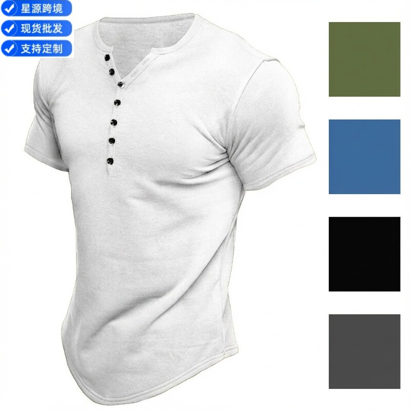 Cross-border Amazon Summer New Foreign Trade European and American Men's Henry Shirt Short-sleeved Men's Solid Color Button T-shirt Top
