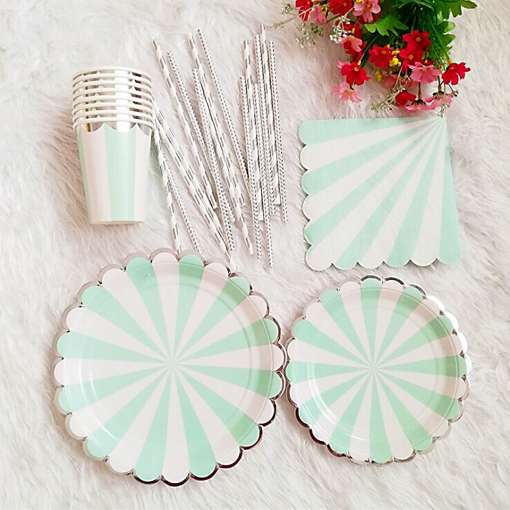 Disposable Paper Tray Paper Cup Paper Towel Cross-border Bronzing Edge Paper Tray Paper Cup Dessert Party Striped Paper Tray Tableware suit