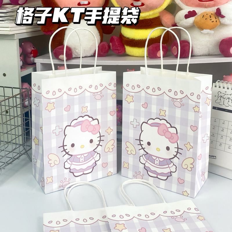New Style Plaid Cat Kraft Paper Party Holiday Birthday Gift Packaging Small Gift Souvenir Bag Purple