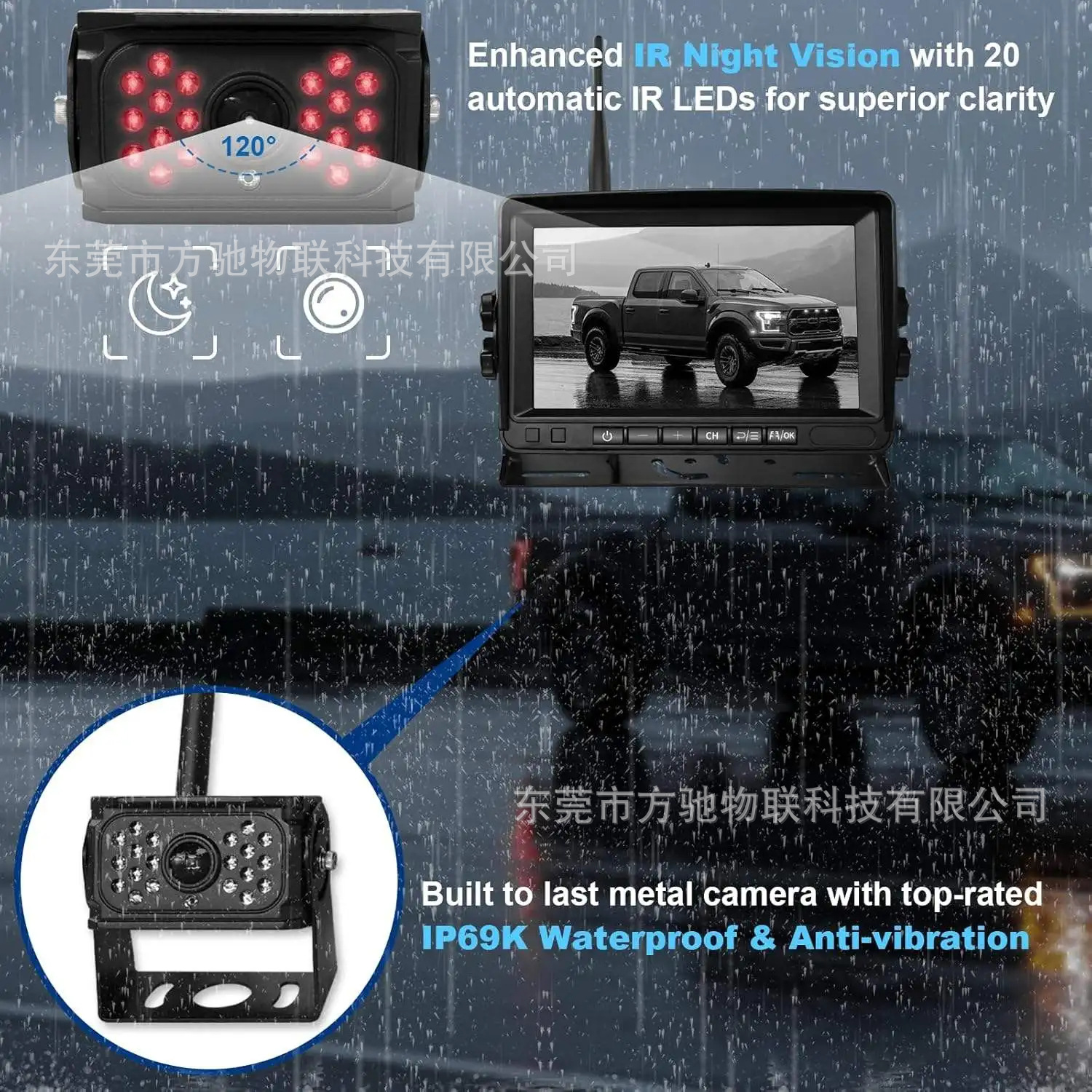 7inch Truck Wireless Recorder Crane Forklift 1080P Reversing Image Wireless Camera Infrared Night Vision 24V