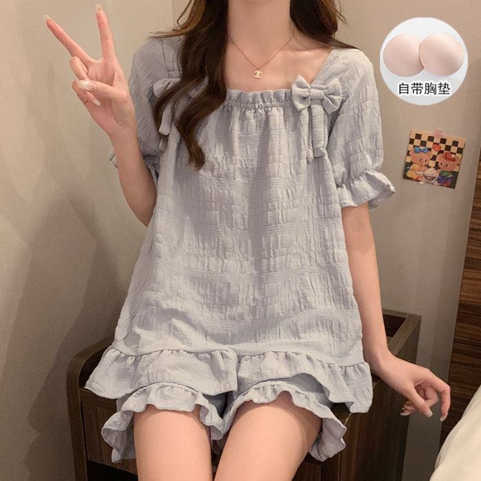 Venta al por mayor transfronteriza estilo caliente verano nuevo pijama mujer nube algodón lazo pantalones cortos de manga corta traje de servicio a domicilio dulce