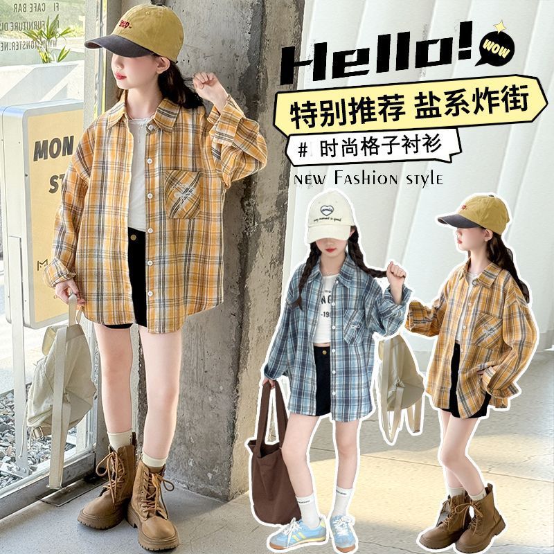 Cross-border girls' plaid long-sleeved shirt 2025 children's spring and autumn shirt for middle and large children, Korean style, fashionable for girls to wear outside.