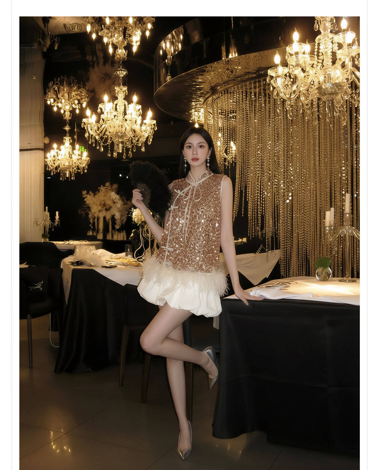 Bộ áo khoác không tay kết hợp váy ngắn phong cách tân cổ điển, đính lông đà điểu và sequin — Lạc đà [Áo khoác không tay], Mơ [Váy ngắn] chi tiết 4