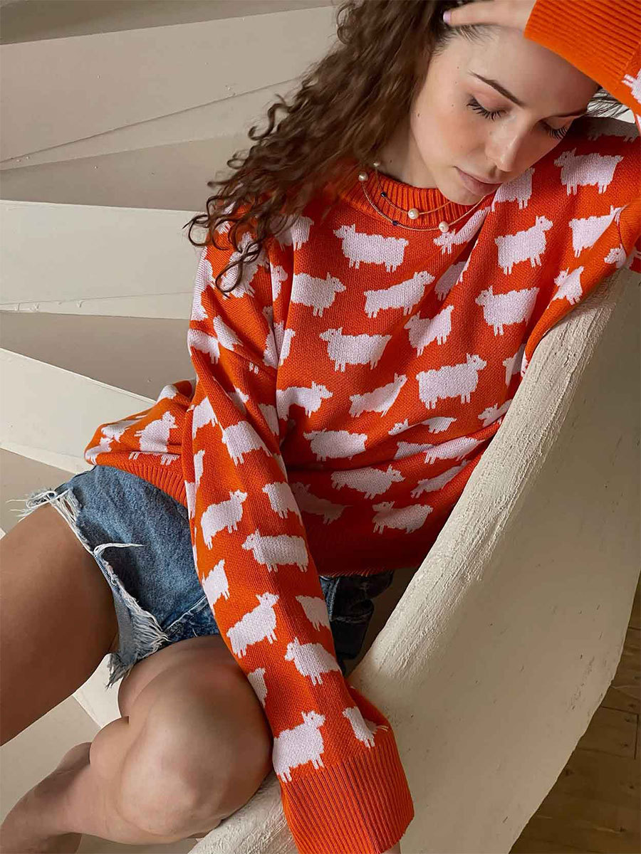 Suéter con estampado de alpaca con cuello redondo transfronterizo, otoño e invierno europeo y americano, nuevas mujeres, suéter casual suelto de cuello redondo, jersey image 2