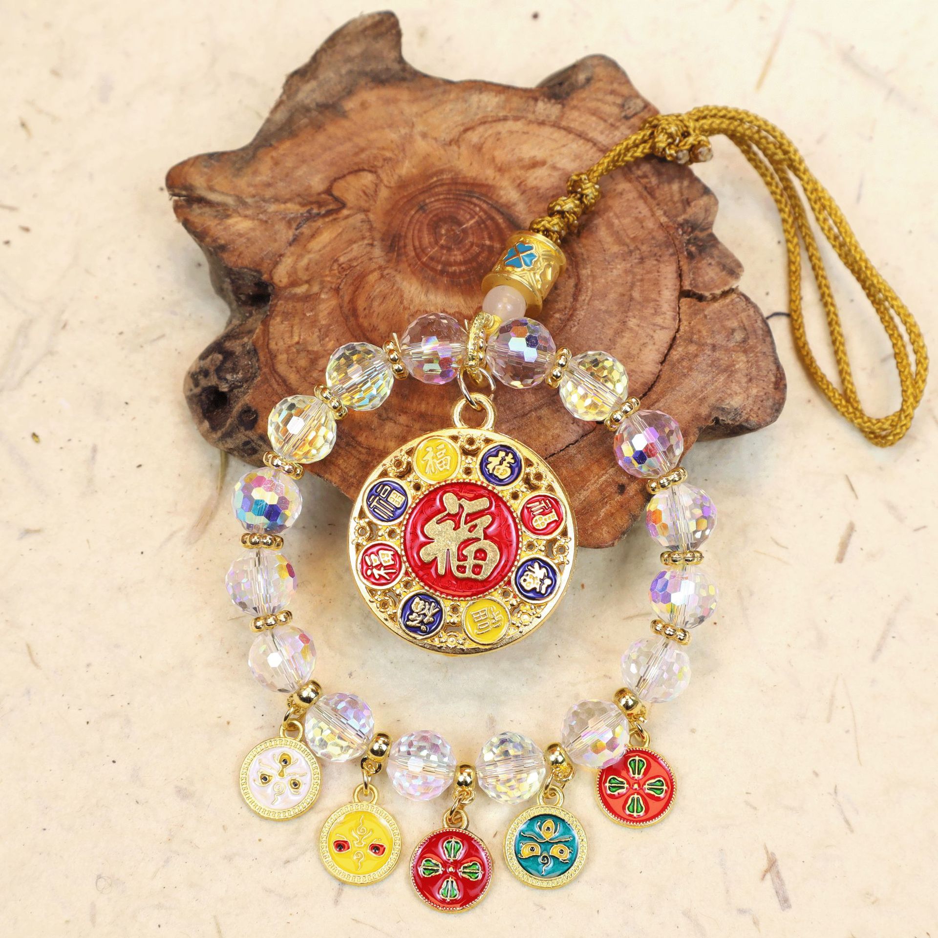 Crystal Five-Path Fortune God Car Hanging Ornament, Multicolor Abacus Lock, High-End Rearview Mirror Decoration, Wealth-Attracting Car Pendant, Interior Car Decoration