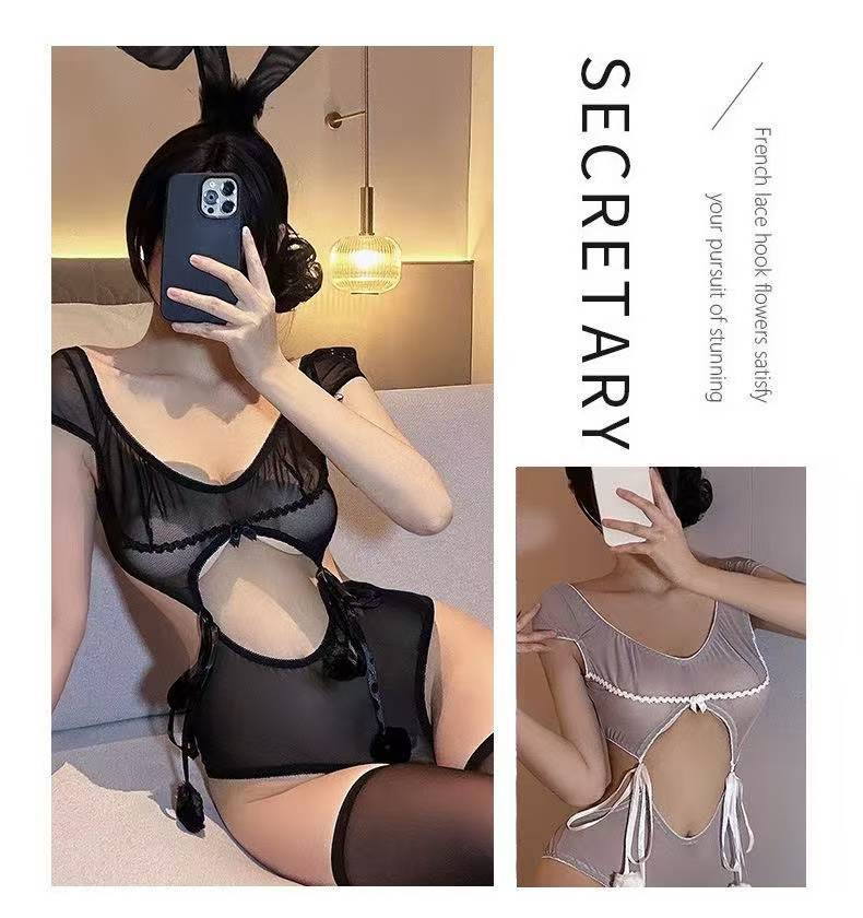 Bunny Girl Bodysuit Costume Set with Ears and White Stockings, Grey Sheer Polyester — detail image 9