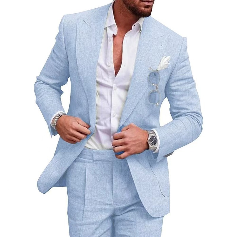 Foreign Trade Linen New Men's Large Size Grabbing Collar Suit Two-Piece Set Single Row One Button Cross-Border Suit Sufficient Delivery Foreign Trade Linen New Men's Large Size Grabbing Collar Suit Two-Piece Set Single Row One Button Cross-Border Suit Sufficient Delivery