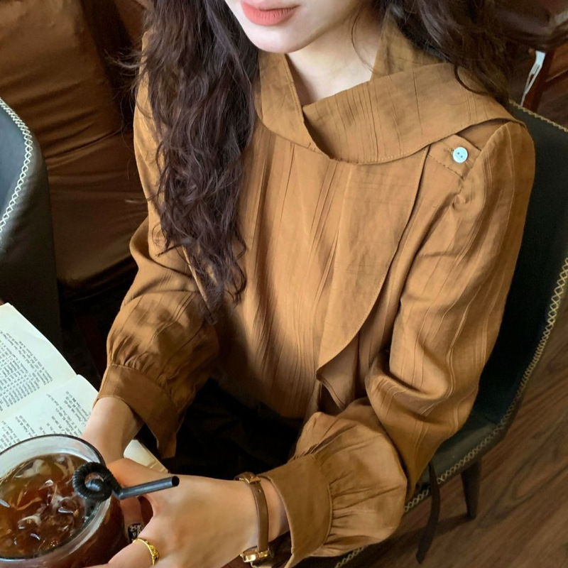 Ruffled collar thin shirt for women, suitable for layering or wearing alone, long-sleeved, casual, elegant, suitable for autumn and commuting