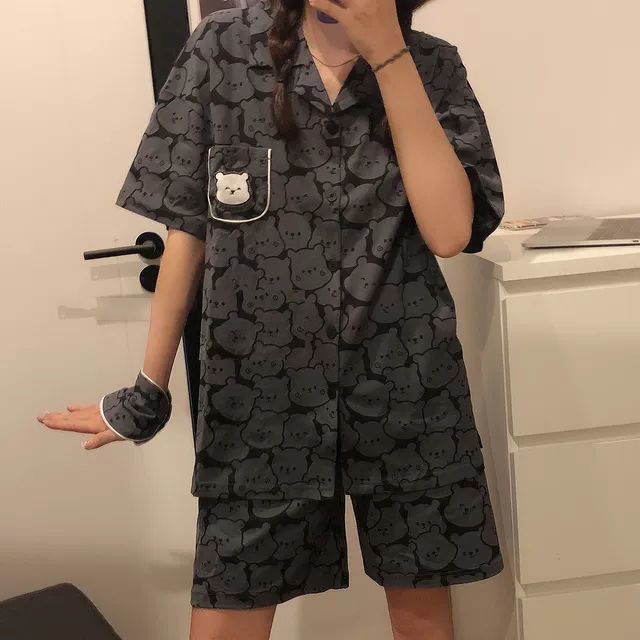 Pijamas de dibujos animados japoneses de verano para mujer oso dulce lindo pantalones cortos de manga corta de dos piezas para el hogar entrega de una pieza para mujer