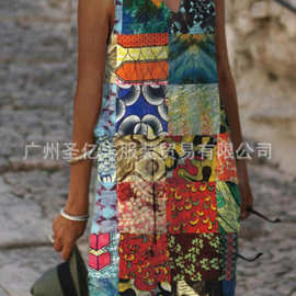 CY-A27跨境欧美ebay独立站夏季背心连衣裙夏季蝙蝠印花修身款长裙