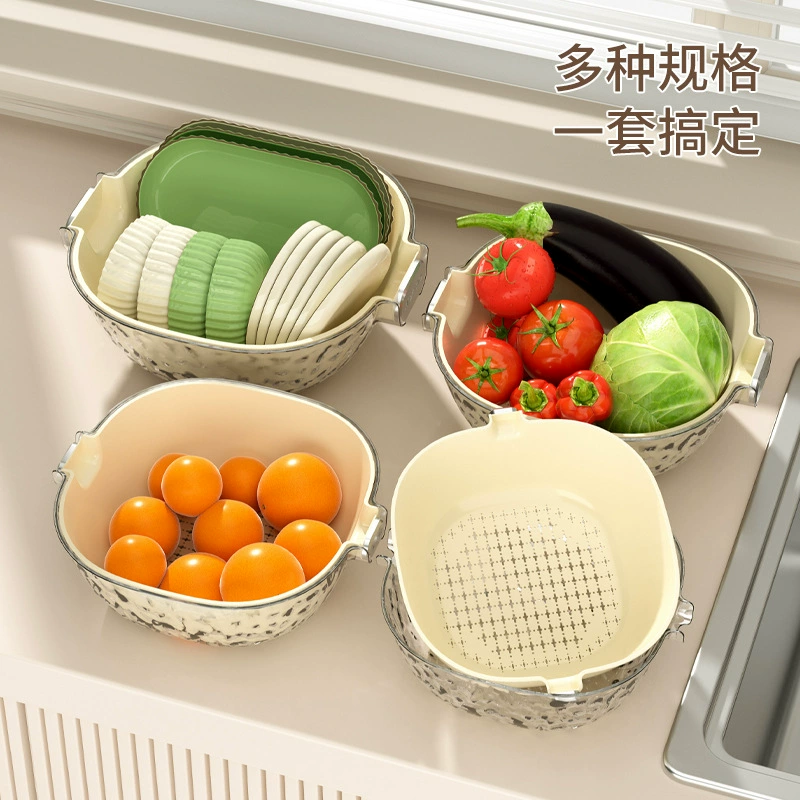 Double -layer draining basket house kitchen washing basin plastic dish basket washed rice basket fruit basin Ins light luxury vegetable basket