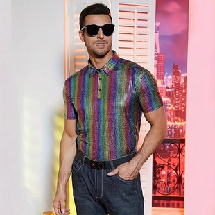 Cross-Border Men's 70S Disco Shirt Shiny Sequin Short-Sleeved Party Polo Shirt Fashionable