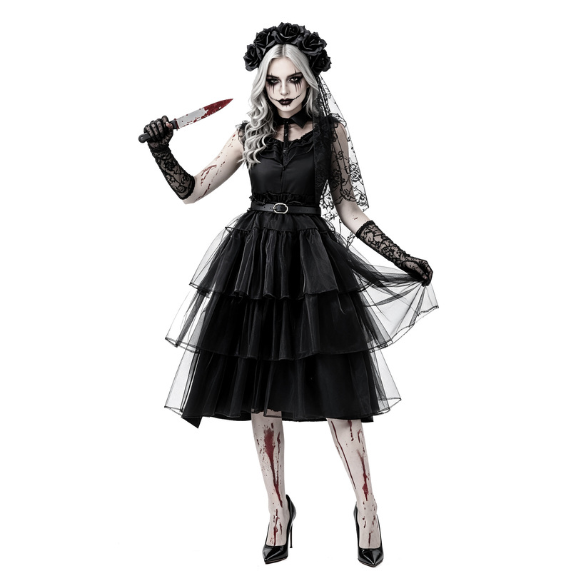 Dark Gothic Ghost Bride Cosplay Costume Black Mesh Cake Dress Halloween Zombie Bride Party Performance Outfit Dark Gothic Ghost Bride Cosplay Costume Black Mesh Cake Dress Halloween Zombie Bride Party Performance Outfit