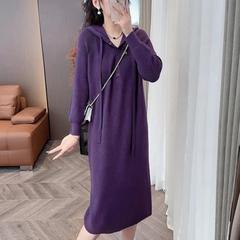 法式复古连帽针织连衣裙女春秋2025新款小个子慵懒宽松休闲毛衣裙