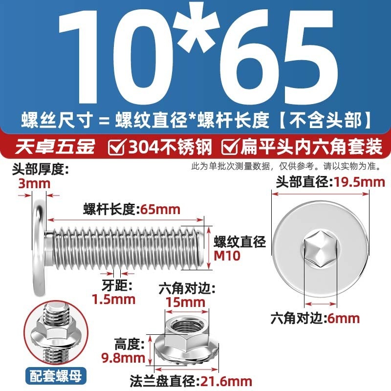 304不锈钢CM大平头超薄头C头扁平头内六角螺丝钉法兰边螺母套装M5|undefined