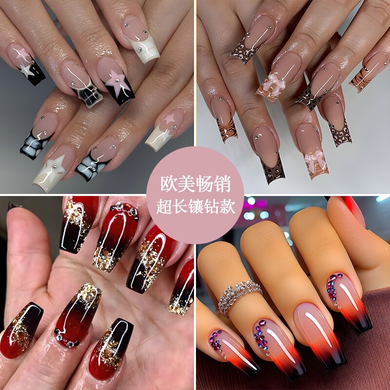 Cross-Border Extra-Long Rhinestone-Embellished Wearable Nail Tips, Fake Nails, European and American Nail Tips, Foreign Trade Nail Stickers, Press-On Nails