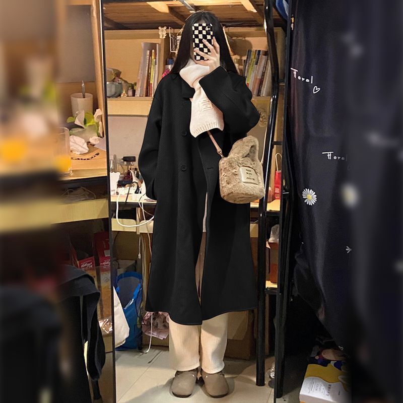 Oatmeal Color High-End Over-The-Knee Long Woolen Outwear for Women Autumn and Winter Korean Retro Loose Woolen Outwear Thickeneded