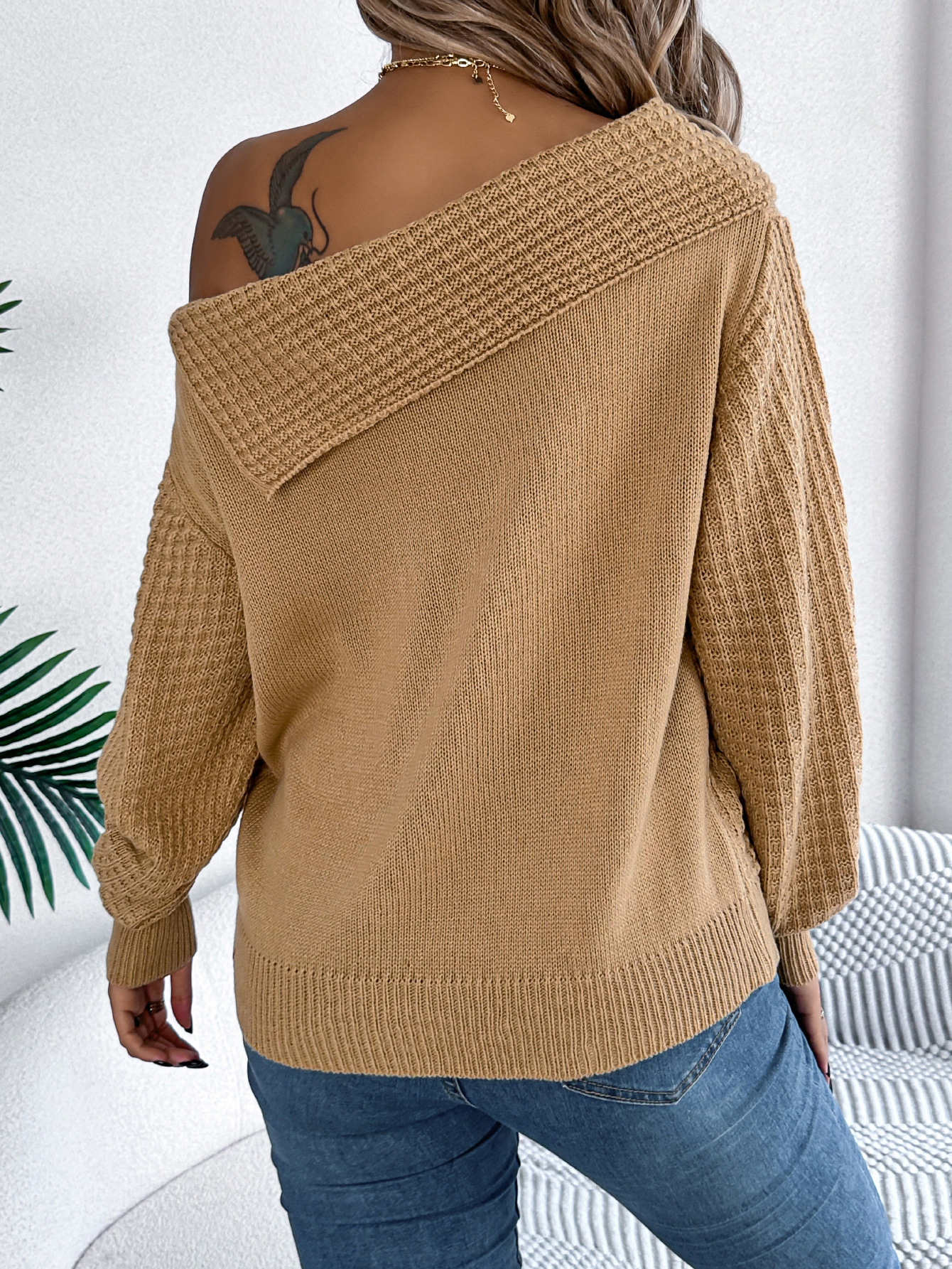 Women's Sweater Off Shoulder Lapel Twist Long Sleeve Pullover_voghion.com