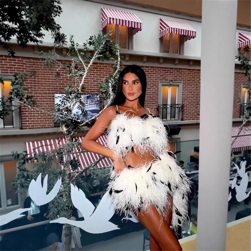 2025 Amazon Aliexpress New Fashion Fluffy Ostrich Feather Suspender Irregular Skirt Suit European and American Cross-Border