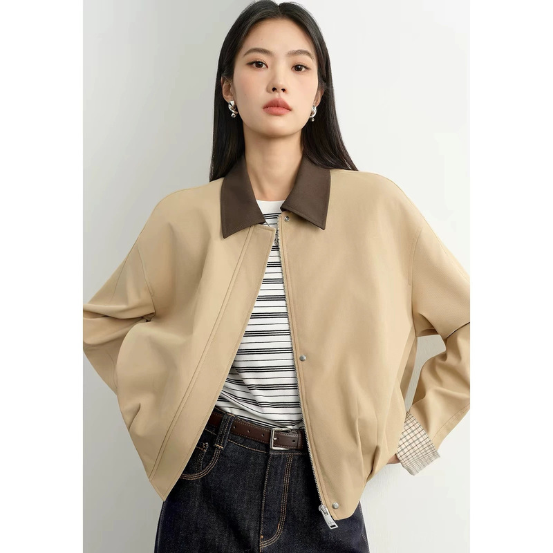 Evely 2026 Autumn Khaki Turn-Down Collar Short Jacket for Women, Loose Casual Patchwork Plaid Cuff Jacket Top