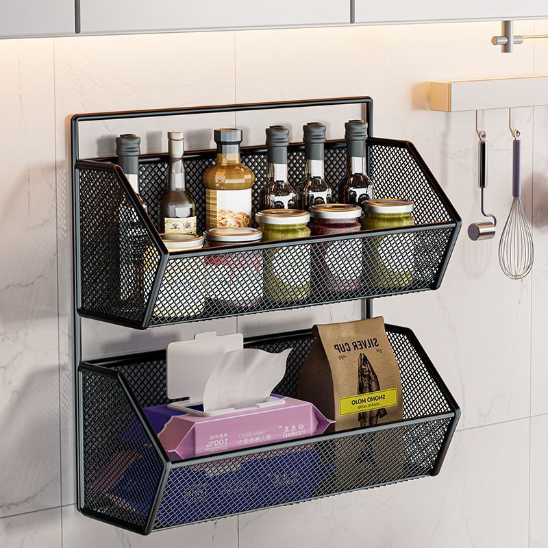 Kitchen Wall Storage Rack Without Punching, Multi-Functional Green Onion, Ginger and Garlic Storage Basket, Double-Layer Hanging Rack, Vegetable Spice Rack