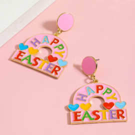 欧美复活节帽子耳环女合金英文HAPPY EASTER时尚爱心耳坠耳饰跨境