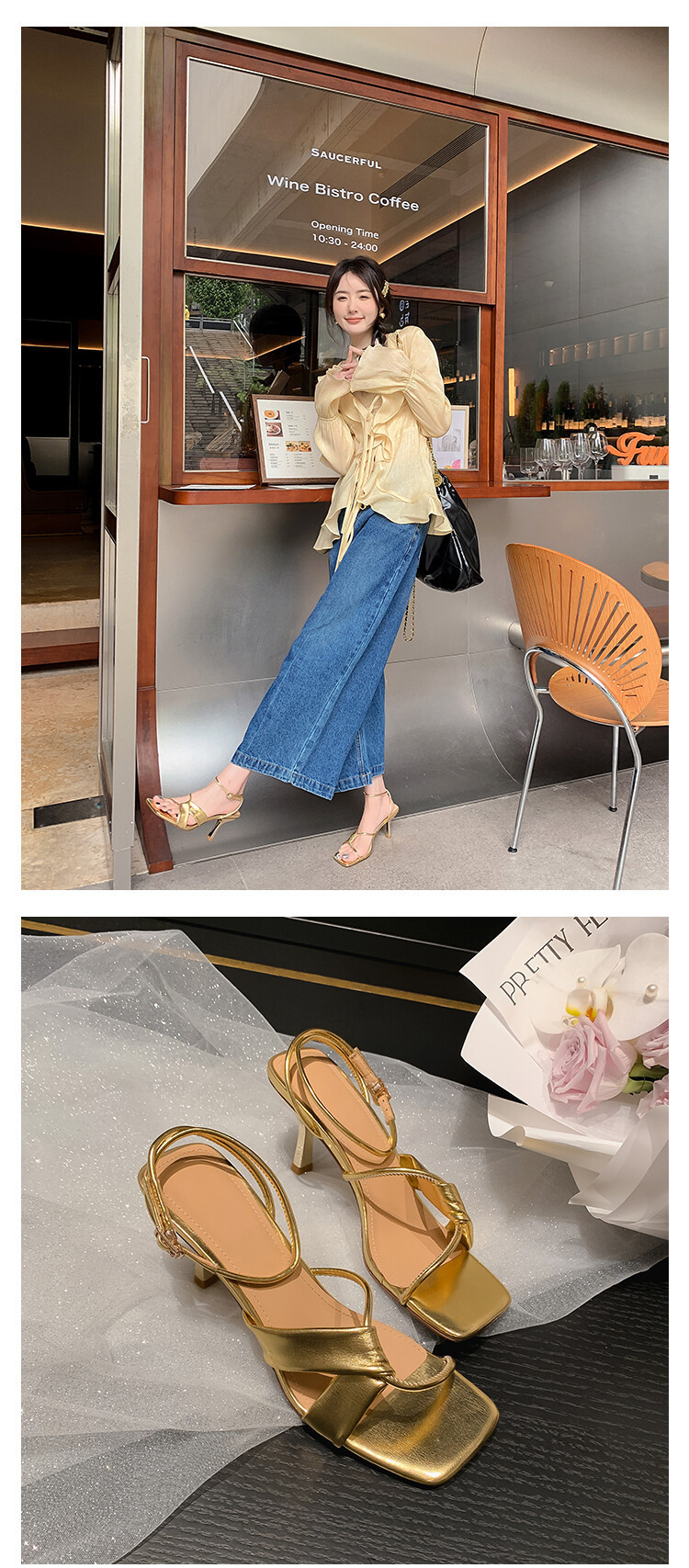 Sandal cao gót nữ hở mũi quai khóa cổ chân gót nhọn 9 cm — Màu vàng, Màu trắng be, Màu bạc chi tiết 15