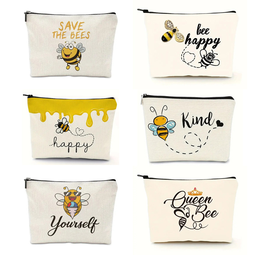 Transfronterizo Amazon Festival de abejas lino impresión doble cara bolsa de maquillaje bolsa de almacenamiento bolsa multifuncional de cremallera
