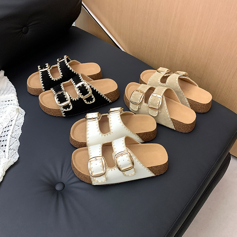 Cowhide Version ~ Thick-Soled Heightening Braided Belt Buckle Birkenstock Shoes for Outer Wear Retro One-Line Sandals Women's Beach Slippers