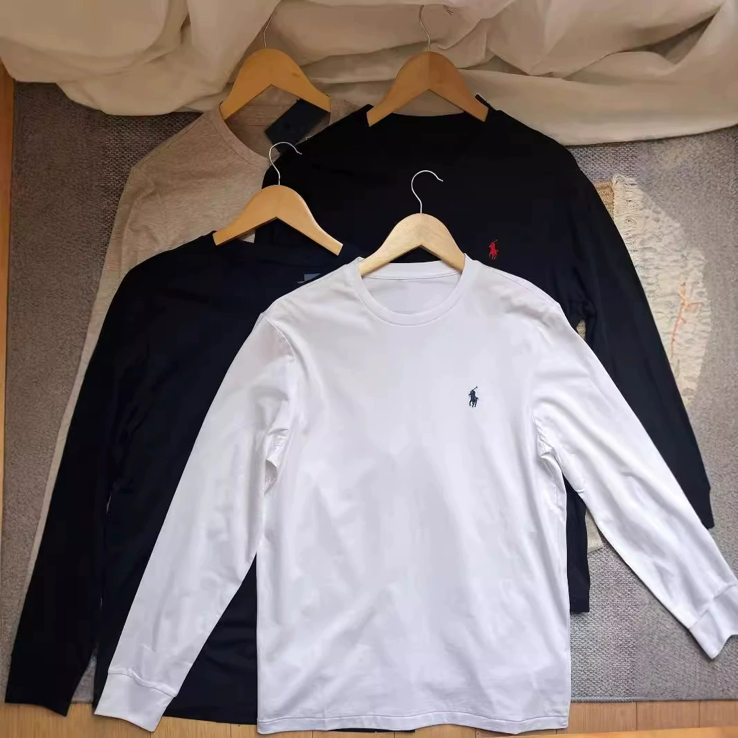 Высокое качество 100 хлопковый раф RL пони с вышивкой сплошной цвет круглый воротник с длинным рукавом футболка повседневная пара для мужчин и женщин внешней торговли