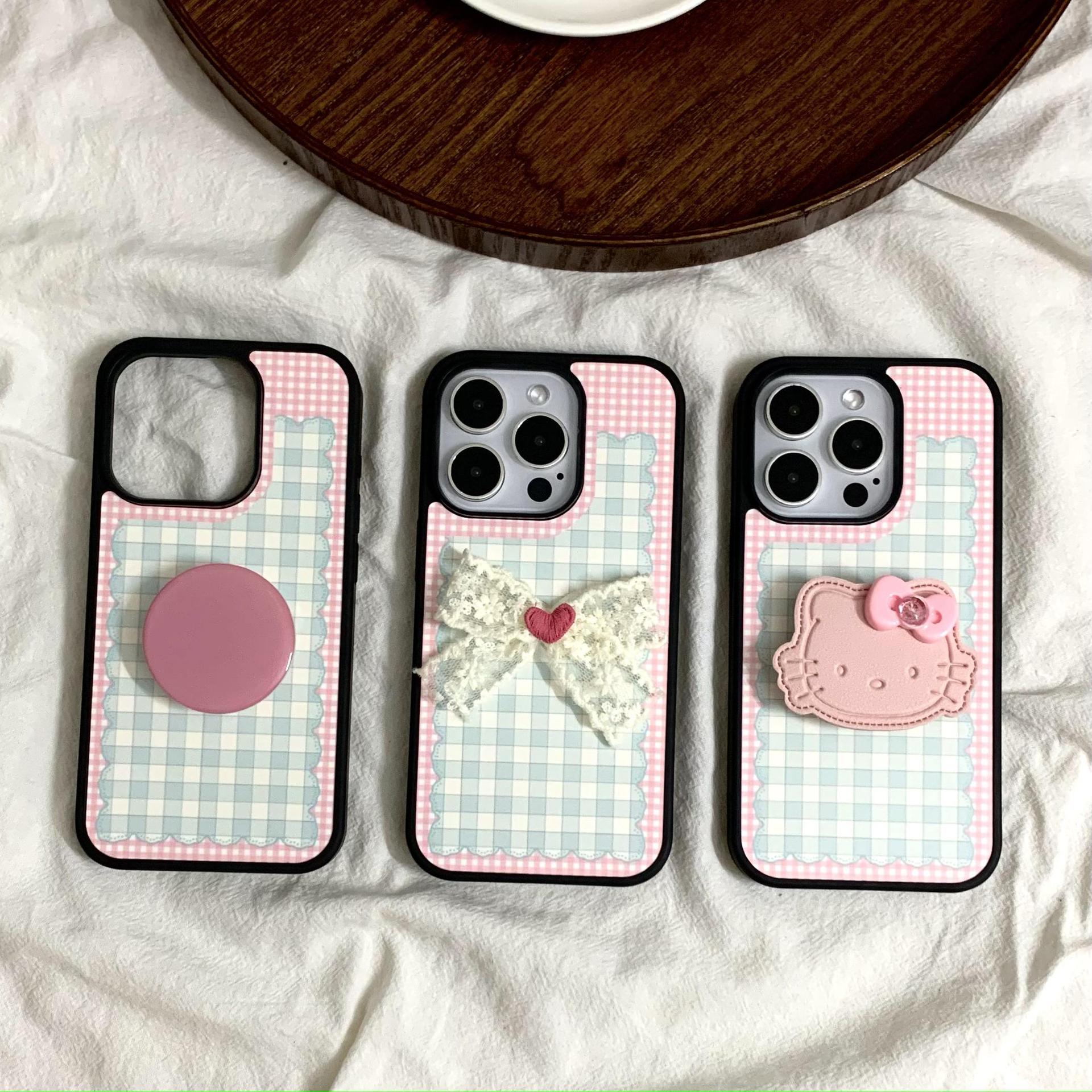 Pink girl corazón plaid lazo para Apple 16Pro pareja 15ProMax soporte 14/13 nuevo 16PM